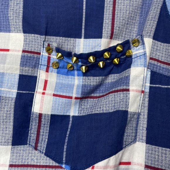 Cotton Express Size S Blue White Plaid Gold Spike Western Rodeo Edgy Button Up - Picture 4 of 9